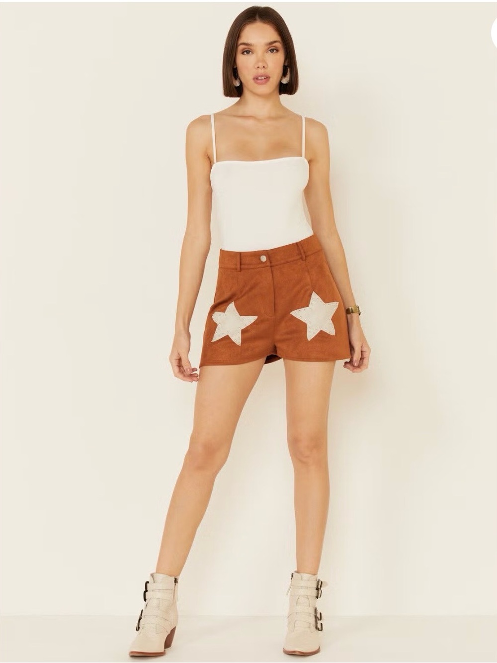 Saints and hearts Suede Star Appliqué High-Waist Women’s Shorts - Rust